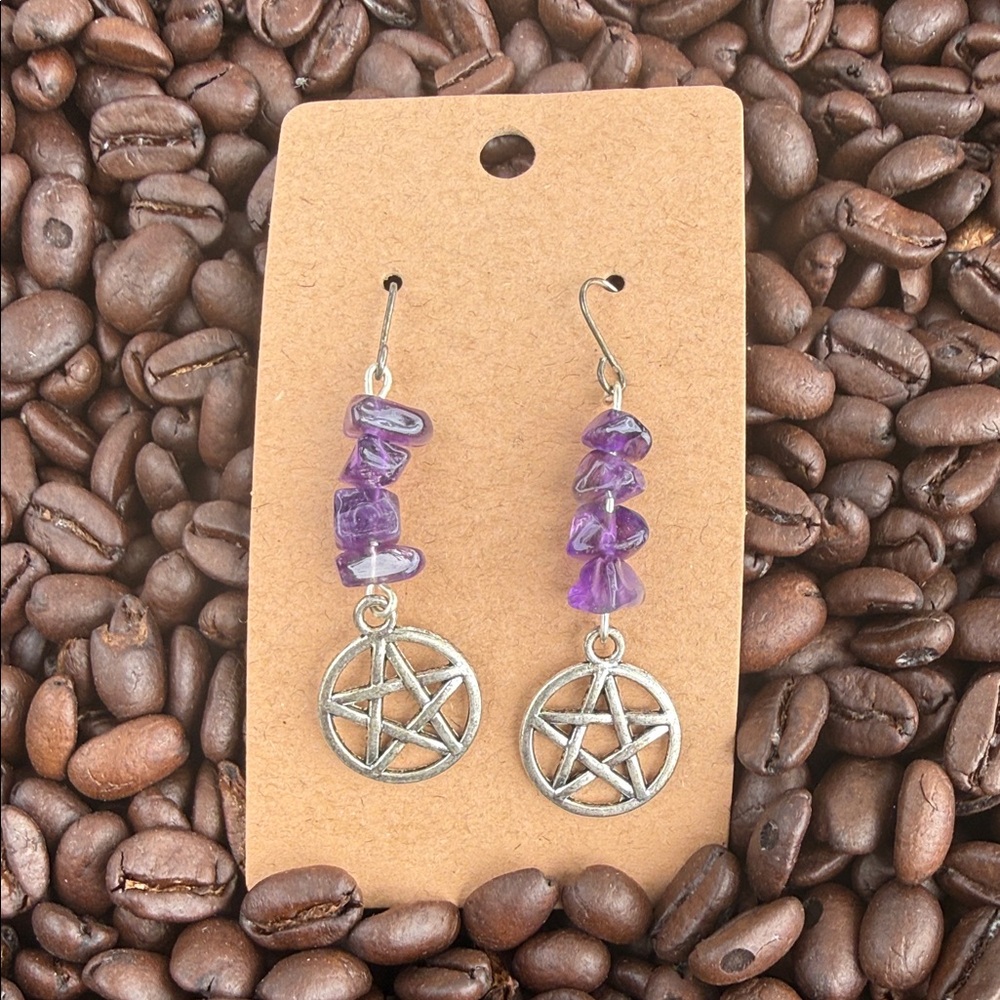 Silver Pentagram Dangle Earrings with Amethyst Stone Chips